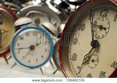 collection of vintage alarm clocks