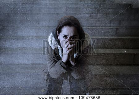 Sad Woman Alone On Street Subway Staircase Suffering Depression
