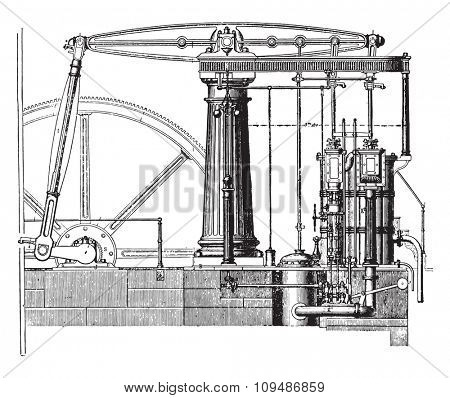 View from the beam engine, compound type, vintage engraved illustration. Industrial encyclopedia E.-O. Lami - 1875.