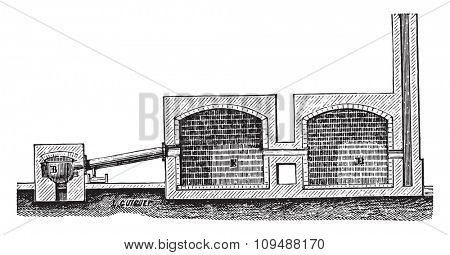 Furnace for the production of black smoke, vintage engraved illustration. Industrial encyclopedia E.-O. Lami - 1875.