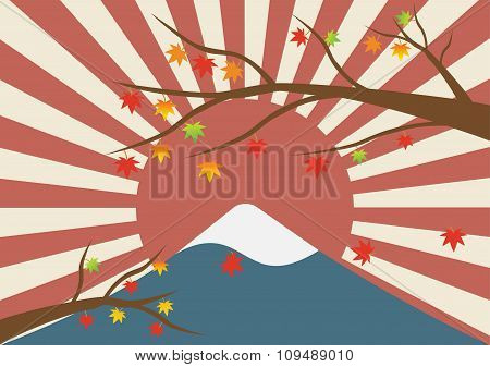 Maple Tree In Winter Landscape Of Mountain With A Snow Like Mt-fuji And Sun Rays Of Japan Flag In Ba