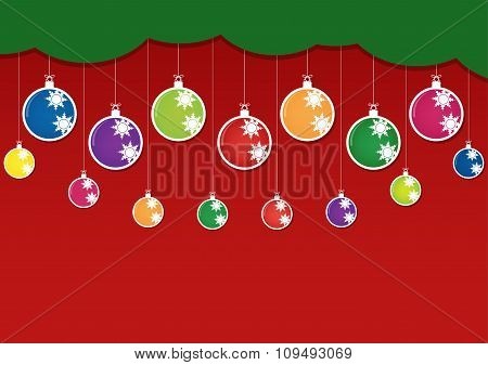 Christmas Multicolor Balls And Colorful Ornaments On Red Background. Vector Illustration Design.