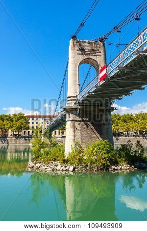 Old Passerelle Du College Bridge Over Rhone River In Lyon, France