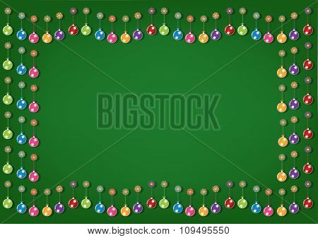 Photo Frame Christmas Multicolor Balls And Colorful Ornaments On Green Background. Vector Illustrati