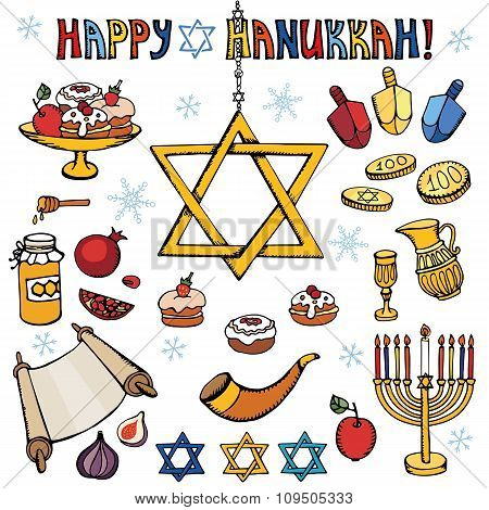 Hanukkah symbols.Doodle colored Jewish Holiday set