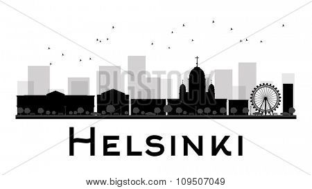 Helsinki City skyline black and white silhouette. Vector illustration. Simple flat concept for tourism presentation, banner, placard or web site. Business travel concept. Cityscape with landmarks
