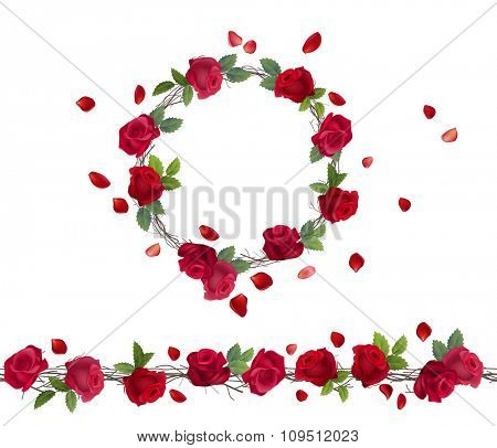 Blossoming branch of red roses. Endless pattern brush, round garland.
