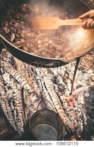 Cast Iron Pot Outdoors, Cooking On A Fire.