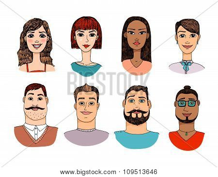 Colorful Female and Male cartoon faces crowd doodle collection of avatars