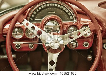 Sleza, Poland, August 15, 2015: Close Up On Corvette Vintage Car Steering Wheel And Kockpit On  Moto