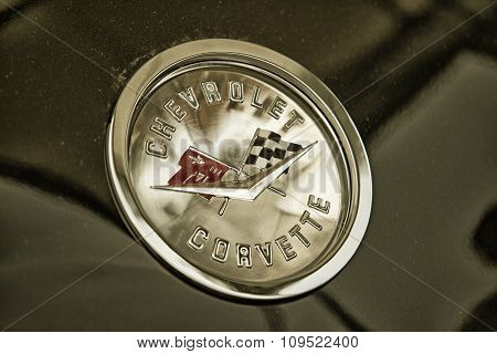 Sleza, Poland, August 15, 2015: Close Up On Chevrolet Corvette Sing On  Motorclassic Show On August