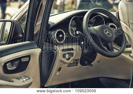 Sleza, Poland, August 15, 2015: Close Up On Mercedes Cockpit And Wheel On  Motorclassic Show On Augu