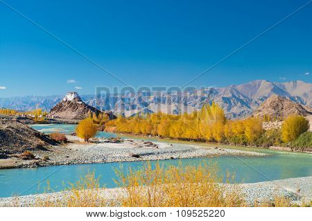 Stakna monastery with view of Himalayan mountains , it is a famous Buddhist temple in, Leh, Ladakh, Jammu and Kashmir, India.