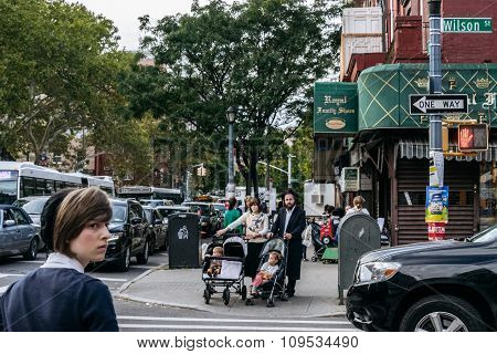 Jewish Hassidic Pair Cross The Street.