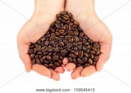 Heart Symbol Of Bean Coffee In Feminine Hand