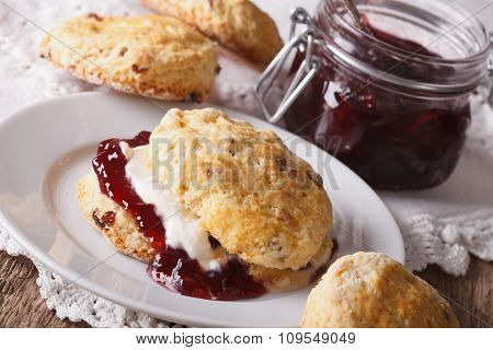 British Scones With Jam And Whipped Cream Close-up. Horizontal