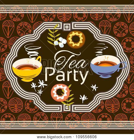 Tea Party Invitation Card. Frame Over Pattern Background, Colorful Illustration