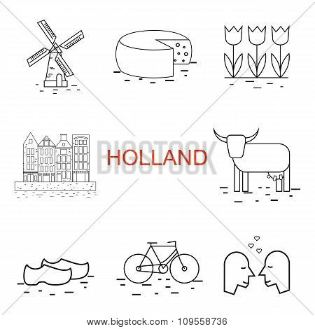 Vector  line Holland icon. Windmill, tulip, bike, clogs. Dutch culture