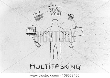 Busy Business Man Juggling With Office Objects And Text Multitasking