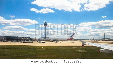Taxiing Aircraft Airbus A-320  After Landing In Heathrow Airport . London. Uk