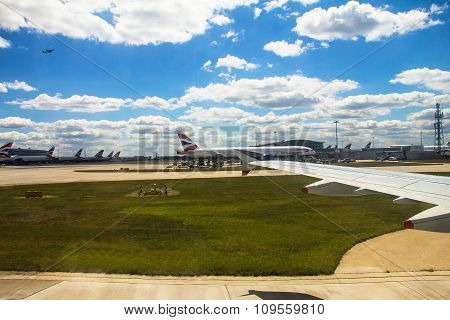 Taxiing Aircraft Airbus A-320 After Landing In Heathrow Airport . London. UK