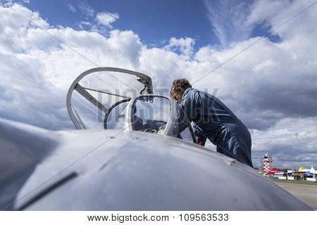 Hradec Kralove, Czech Republic - September 5: Pilot Of Jet Fighter Aircraft Mikoyan-gurevich Mig-15