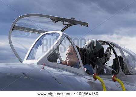 Hradec Kralove, Czech Republic - September 5: Pilot Of Jet Fighter Aircraft Mikoyan-gurevich Mig-15