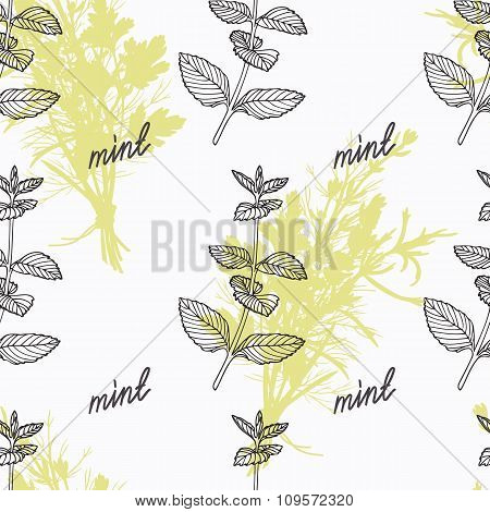 Hand drawn mint branch and handwritten sign. Spicy herbs seamless pattern. Doodle kitchen background