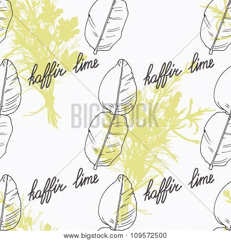 Hand drawn kaffir lime branch and handwritten sign. Spicy herbs seamless pattern. Doodle kitchen bac