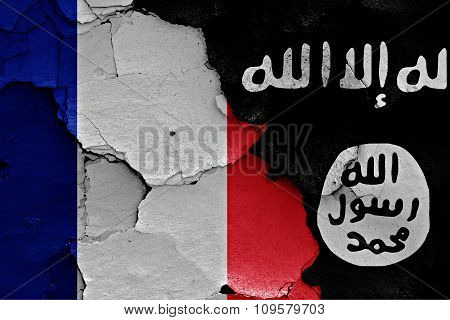 Flags Of France And Isil Painted On Cracked Wall