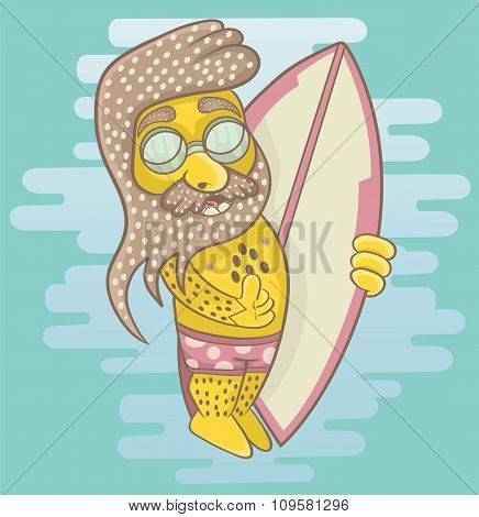 surfer with a beard holding a surfboard and shows thumb up.