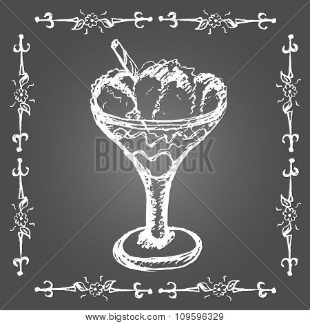 Chalk ice cream in glass with cinnamon stick. Vintage frame on gray background.