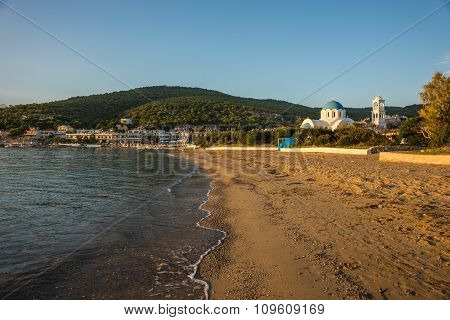 White Church Blew Domes Near The Beach