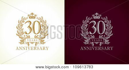 30 years old luxury logotype. Congratulating 30th numbers gold color template framed in palms. Isolated congrats design. Celebrating tradition thirty digits. Abstract 3rd concept, third place of win.