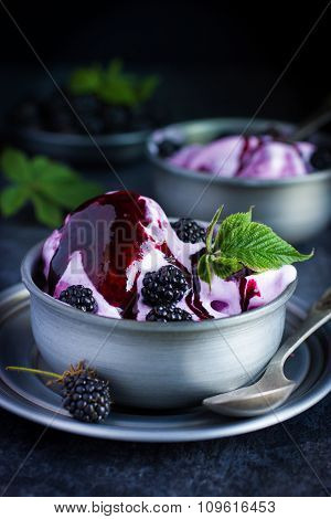 Delicious Homemade Blackberry  Ice Cream With Blackberry Topping And Fresh Berry