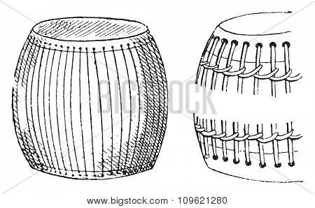 Drums, vintage engraved illustration. Private life of Ancient Antique family 1881.
