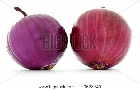 Two onions with red and purple clean smooth skins isolated