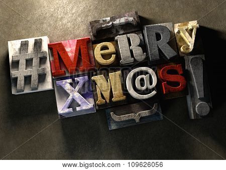 Merry Christmas Xmas Title In Vintage Wood Block Text And Hashtag