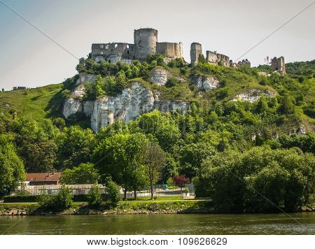 Ruins Of An Ancient Castle On The River Shore, Les Andeles, France