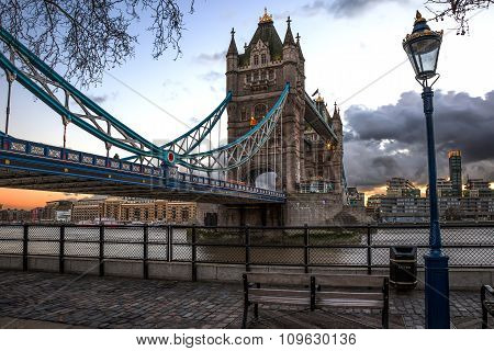 Bench in front of Tower Bridge at Sunset