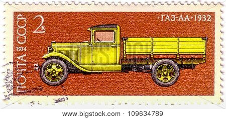 Ussr - Circa 1974: Postage Stamp Printed In Ussr. Shows Historic Car Zis-5 Soviet Cargo Truck With C