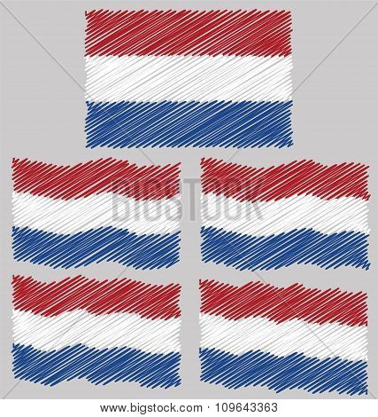 Flat and Waving Hand Draw Sketch Flag of Netherlands