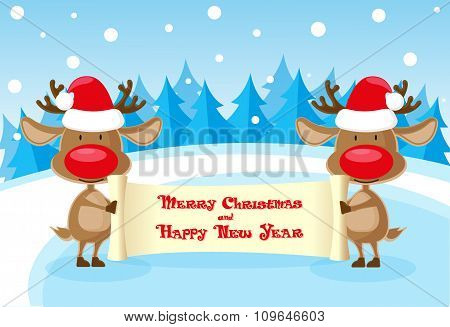 Vector Banner Two Funny Deer In Santa Claus Hat At The Ice Rink With Merry Christmas Scroll On Blue