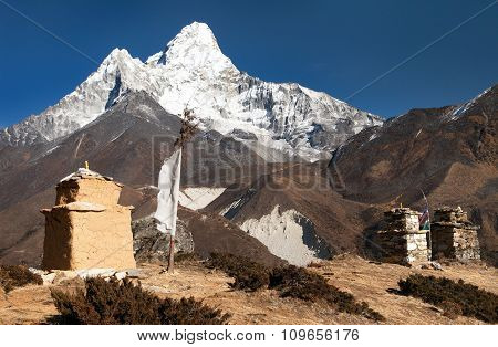 Mount Ama Dablam With Chorten And Prayer Flags