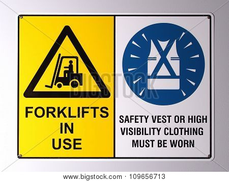 Fork lift truck warning and high visibility vest wall wall signs