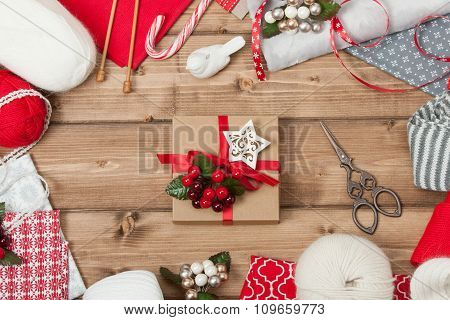 Christmas Background. Knitting And Sewing Kit. Natural Wool Yarn