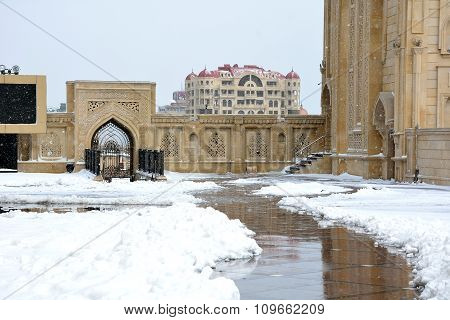 Snow outside within grounds of a Baku Mosque, in the capital of Azerbaijan