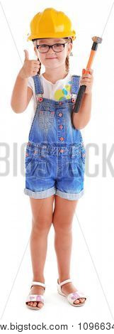 Little girl in yellow helmet with hammer isolated on white background