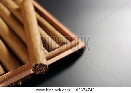 Collection of cigars in humidor on black table, closeup