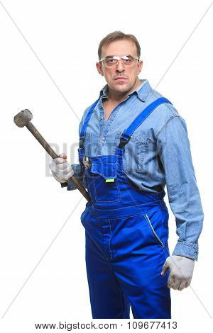 brutal Workers in protective glasses with a sledgehammer. isolated on white background